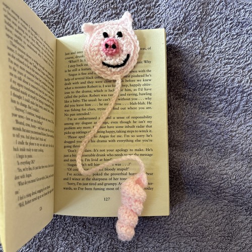 Crocheted bookmark pink piggy - bookmark,