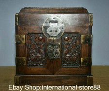 Scatola portagioie cassetto Kylin Qilin intaglio a mano legno Huanghuali antica Cina 10,4"