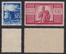 Italia 1945 Democratica i 2 alti valori L.100 - L.30 nuovi MNH** gomma integra