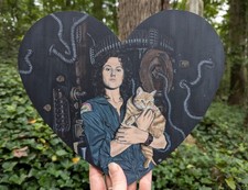 Targa cuore in legno gatto