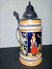 Antico BOCCALE DA BIRRA in CERAMICA con COPERCHIO e DECORAZIONI in RILIEVO