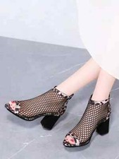 Stivali Estivi Tronchetto 8 Cm Nero Beige Rete Alti Pelle Sintetica 68229