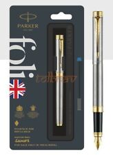 Parker Folio Acciaio Inox Penna Stilografica Inchiostro Blu Oro Finitura - Nuovo