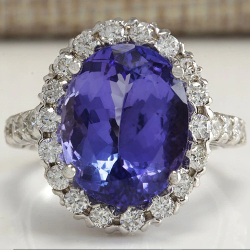 Anello aureola tanzanite blu