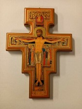 CROCIFISSO CROCE DI SAN DAMIANO IN LEGNO E STAMPA ORO A CALDO CM 26 x 19,5