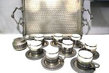 Set 8 tazzine in porcellana bordate argento con zuccheriera e vassoio in peltro