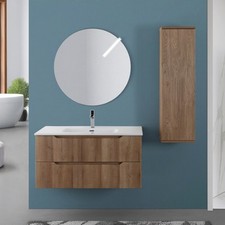 Mobile bagno sospeso 100 rovere cannettato doppi cassetto lavabo e specchio Wise
