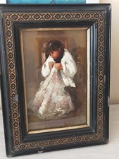 OLIO SU TAVOLA A FIRMA A. ASTURI FIGURA DONNA CHE CUCE  PITTURA NAPOLETANA 