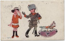 cartolina militare SOLDATO IN PARTENZA,CAVALLUCCIO A DONDOLO illustr.GOLIA