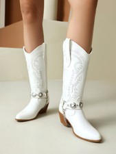 Womens Chic Pointy Toe Block Heel Embroidery Metal Chain Western Boots Shoes