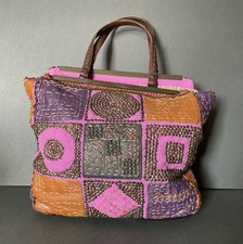 Piccola borsa tote vintage Jamin Puech rosa marrone lusso cotone bohemien e pelle