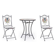 Set da giardino in ferro tavolo bistrot e sedie pieghevoli con maioliche Paloma 