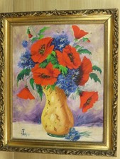 vecchio quadro dipinto a mano VASO CON FIORI ROSSO e BLU pittore FLOREALE epoca