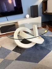 Tavolino da soggiorno, base pietra bianco e ripiano in vetro 90x90 cm