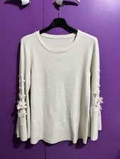 Maglione Maglia Donna Ragazza Beige Applicazioni Fiori Con Perline Blusa