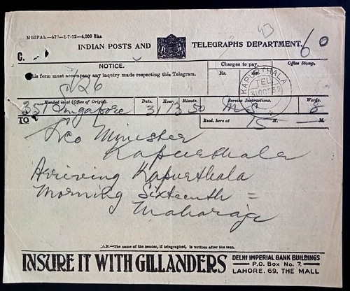 India 1932 telegramma con