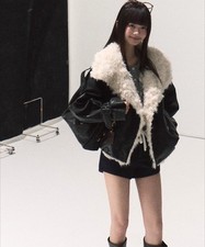 Giacca corta pelle collo pelliccia lana agnello donna collo spesso parka giacche