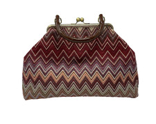 Borsa vintage fatta a mano con lucchetto a bacio stile Missoni marrone oro verde modello zig zag