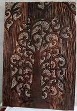 Pannello Quadro in legno albero della vita  arredo  cm 80x54x2 intagliato e dipi