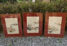 Tre quadri ricamati su seta orientale paesaggi epoca '900 Cina Giappone