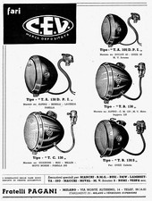 PUBBLICITA' 1951 FANALI FARI C.E.V. AUTO MOTO BICI SCOOTER  F.LLI PAGANI MILANO