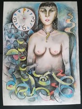 Quadro dipinto 24x33 pastello carta donna ragazza tempo ritratto cornice vetro