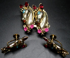 CORO Adolph Katz strass testa di cavallo duetto pelliccia clip spilla orecchino set BK PC