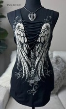 Nuova canotta donna CRYSTAL BLACK WINGS PIZZO BIKER DEEP V S M L XL 1X 2X 3X Y2K