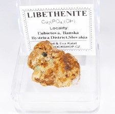 Rara LIBETHENITE - Ľubietová,Slovacchia | Tipo Località | Scatola ed Etichetta