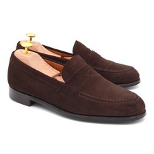 UK 7 F - Joseph Cheaney Hadley Dark Brown Suede Penny Loafers Shoes Scarpe