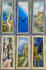 Quadro paesaggio dipinto su tela con cornice in legno blu/bianca 100x40x3 cm