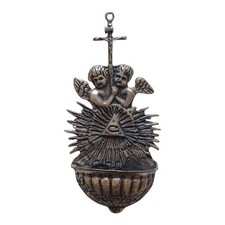 *HH* Acquasantiera Religiosa In Argento Croce Sacra Crocifisso Con Angeli Putti 