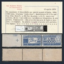 1954 Italia Repubblica Pacchi Ruota L. 1000 Cavallino Certificato Diena Nuovo **