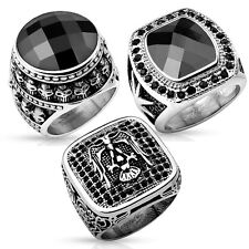 Anello acciaio inox teschio aquila stella zirconi onice nero argento biker uomo