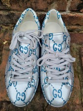 Sneakers Gucci Ace Low GG Monogram Miro gomma cerata argento/blu $830 US 8 1/2