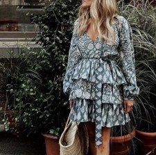 Mini Abito Marea Scollo V Grace Increspato Balza Manica Lunga in Cala Azul Blu Small