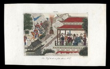 VECCHIA STAMPA ARTISTICA "IEN-VANG DANDO UN FALSO ALLARME" CINA 18/19 Th.