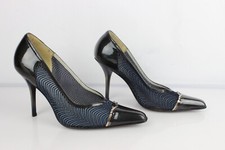 Vintage Scarpe Pelle Lucida Nero E Tulle Blu T 35,5