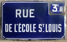 Grande vecchio cartello stradale smaltato francese targa stradale nome rue Ecole Saint Louis scuola