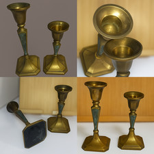 COPPIA CANDELIERI DA SCRIVANIA  IN OTTONE MASSICCIO IN PATINA - STILE  ART DECO'