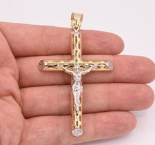 3.25 " Grande Gesù Cristo Crocifisso Croce Ciondolo Vero 10K Oro Giallo e Bianco