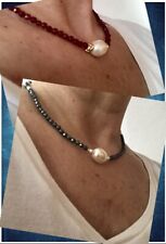 Collana donna pietre dure:giada rossa granato o ematite nera/perla in conchiglia