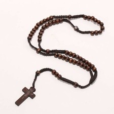 Collana Rosario in legno Uomo Donna Croce cattolico cristo religioso perline 8mm