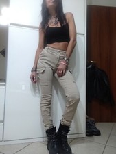 Pantaloni Donna vita Alta Cargo  Marrone Beige  Tasche Laterali Xxs Tally Weijl 