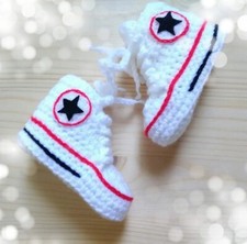 Scarpine Scarpette Uncinetto Neonati LANA Acr. 0-3 Mesi Suola Cm9 Bianco Rosso