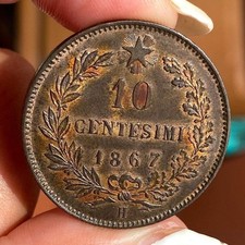 VITTORIO EMANUELE II 10 CENTESIMI 1867 H RAME ROSSO FIOR DI CONIO PERIZIATA
