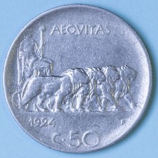 VITTORIO EMANUELE III 50 CENTESIMI 1924 LEONI BORDO RIGATO RARA QFDC NICHEL