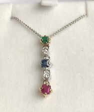 Collana Oro Bianco 750°/°° 18kt. Smeraldo Zaffiro Rubino Diamanti Naturali