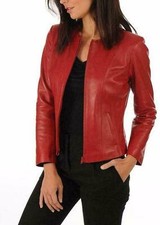 Classy Look donna vera pelle di agnello giacca biker rosso cappotto senza colletto