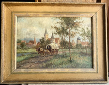 Georg Benocci 1898 Dipinto a Olio Russo Slitta Cocchio Cavalli Antico Olio Di